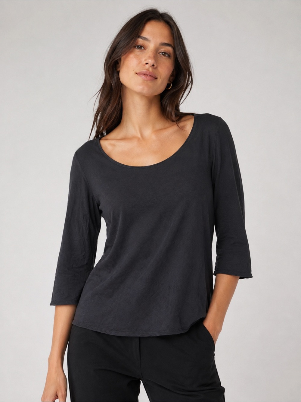 Eileen Fisher Scoop Neck 3/4 Sleeve Top in Black